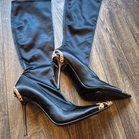 Gianmarco Lorenzi Swarovski Crystal Stretch Stiletto Boots, Black 9.5 US (40 EU) - Picture 1 of 6